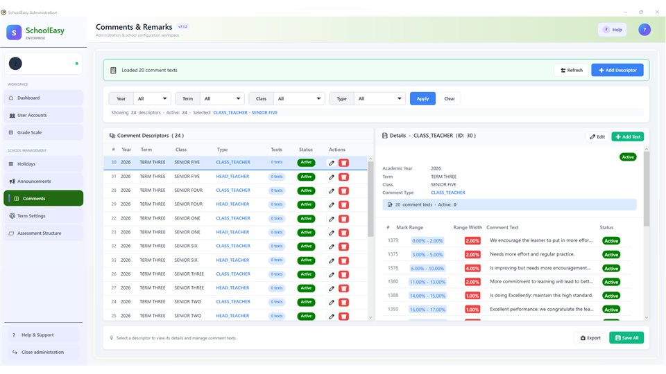 SchoolEasy: Report comments and remarks