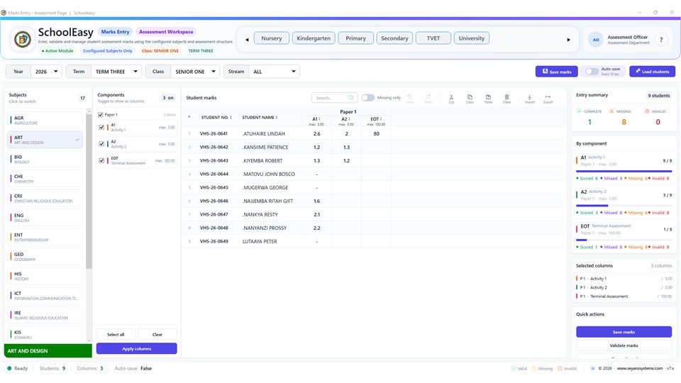 SchoolEasy: Marks entry workspace