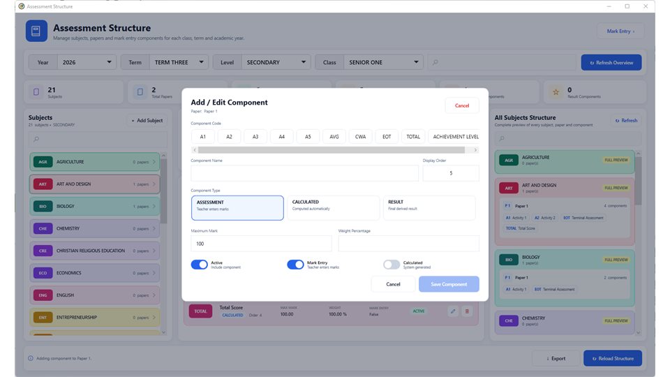 SchoolEasy: Add or edit an assessment component